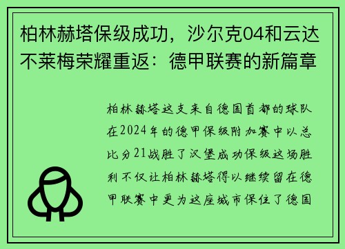 柏林赫塔保级成功，沙尔克04和云达不莱梅荣耀重返：德甲联赛的新篇章