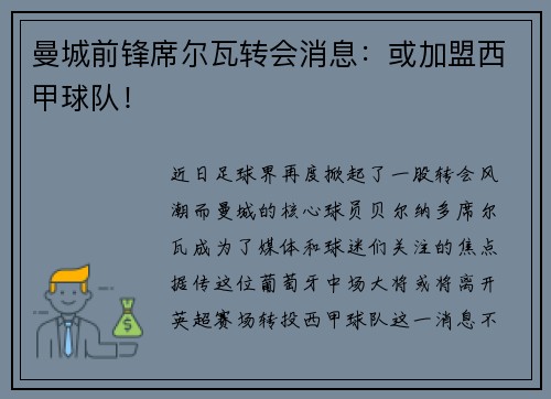 曼城前锋席尔瓦转会消息：或加盟西甲球队！