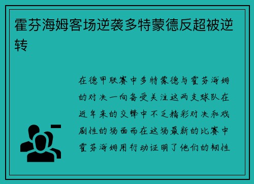 霍芬海姆客场逆袭多特蒙德反超被逆转