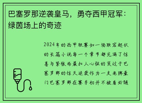 巴塞罗那逆袭皇马，勇夺西甲冠军：绿茵场上的奇迹