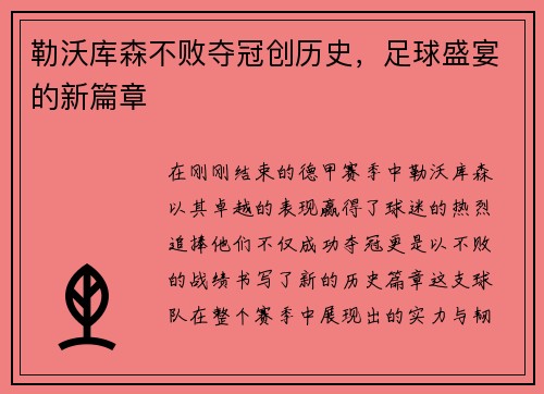 勒沃库森不败夺冠创历史，足球盛宴的新篇章